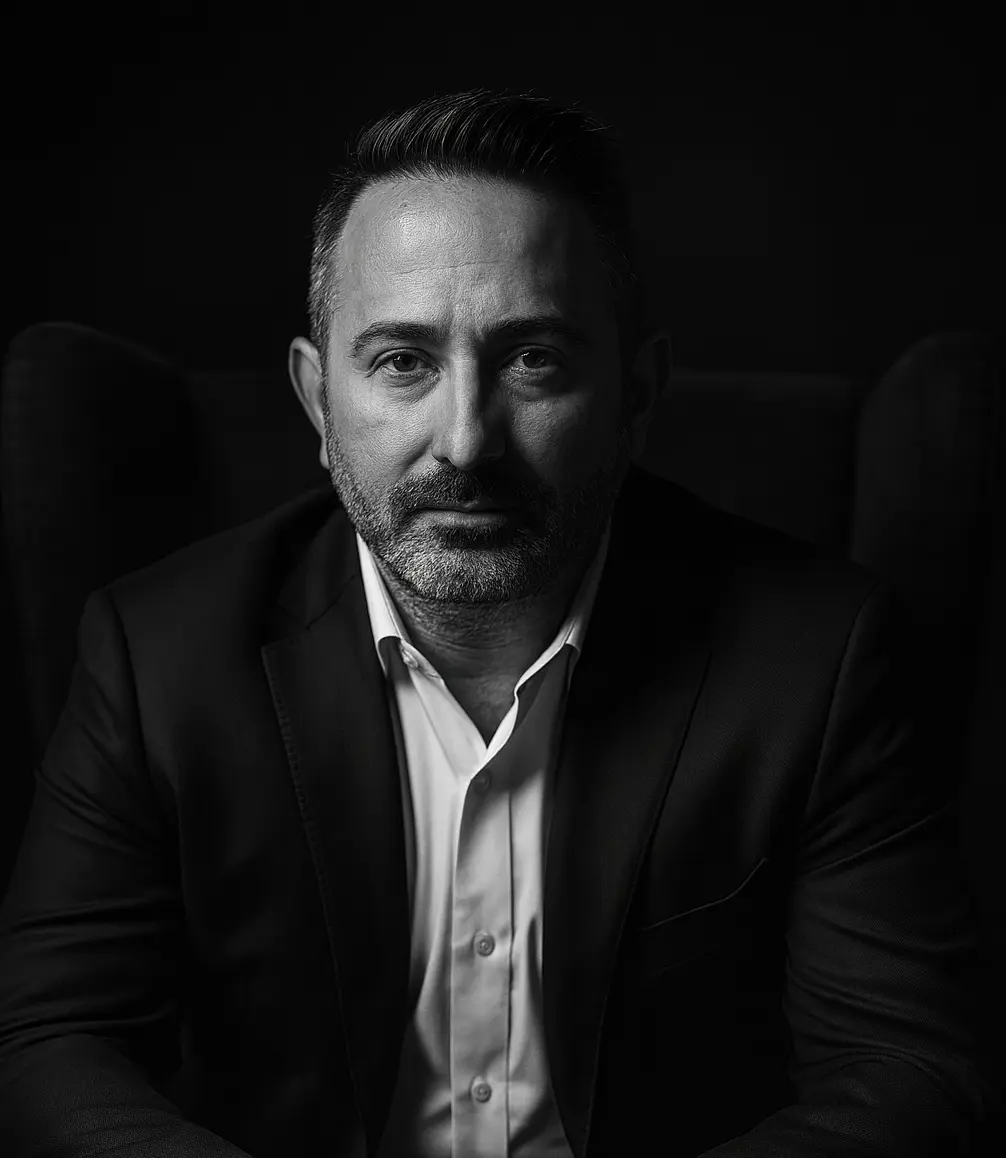 A man with short hair and a beard, dressed in a dark suit and white shirt, sits in a dimly lit setting with a serious expression—reflecting the refined elegance of a luxury tile and stone supplier.